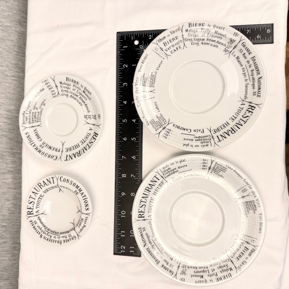 Pillivuyt France Decor Brasserie Porcelain Plates Saucers Set of 4 Bistro Menu